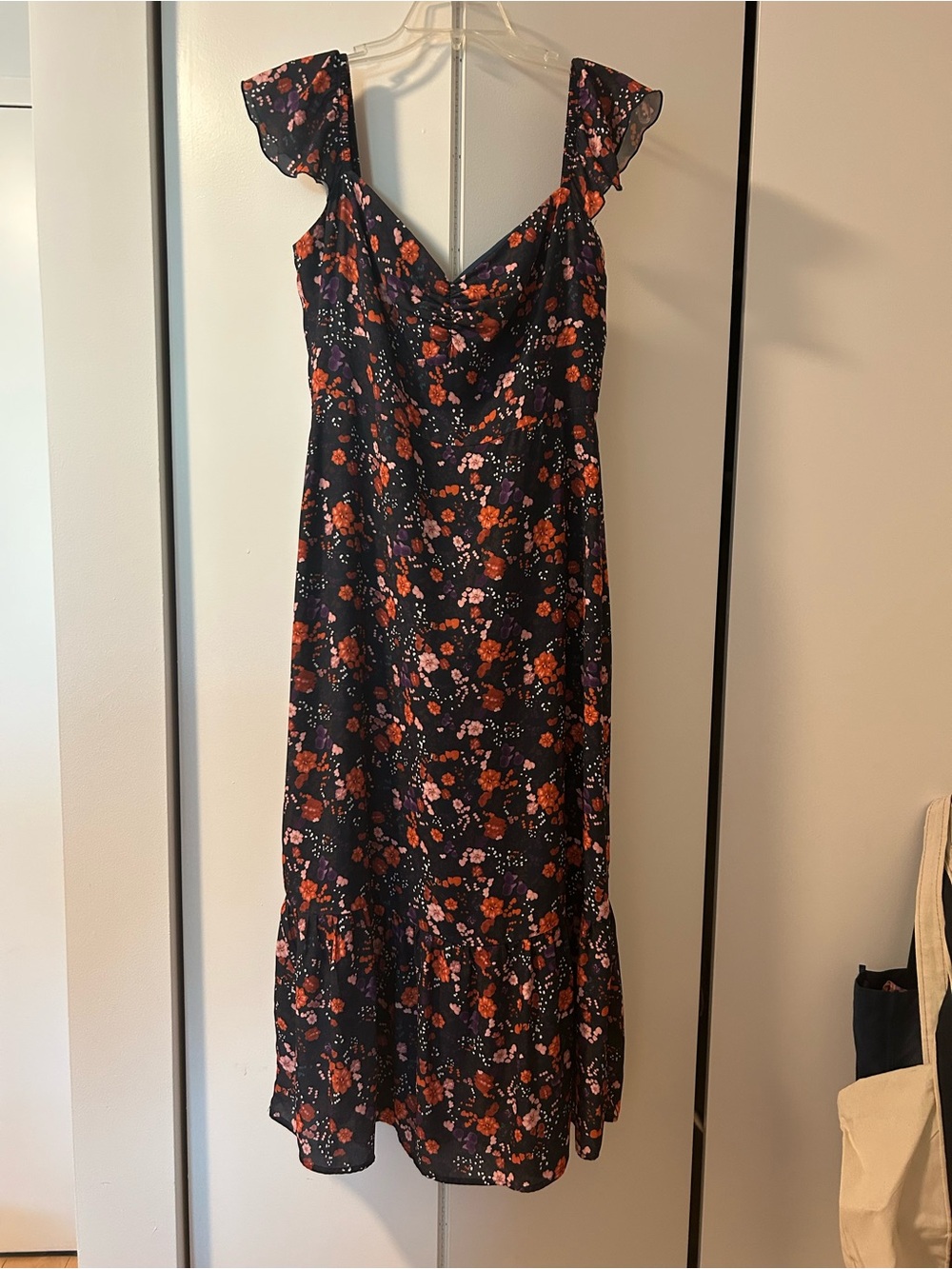 Park & Fifth Black Midi Dress with Orange, Purple & Pink Floral Print